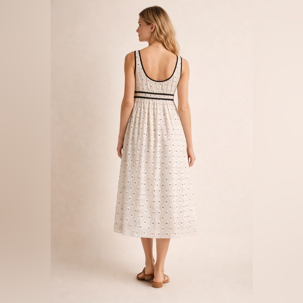 Adrianna Papell Black and Ivory Swiss Dot A Line Dress Braided Size 6 - Picture 3 of 13